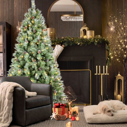 Artificial 6ft Green Christmas Tree With 988PVC Hard Needle Mixed Branch Tips, 300L Warm White Led, Pine Cone,Hinged Premium  Foldable Base For Indoor Holiday Decorating