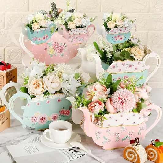 24 Pieces Tea Party Decorations Flower Boxes Spring Theme Princess Party Centerpiece Decorations 4 Style Cute Teapot Shape DIY Flower Box For Birthday Mother's Day Wedding Shower Party Table Decor