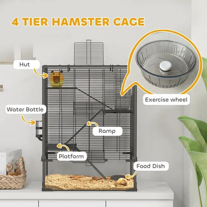 4 Tier Hamster Cage With Deep Tempered Glass Bottom, Running Wheel, Hut, Water Bottle, Food Dish