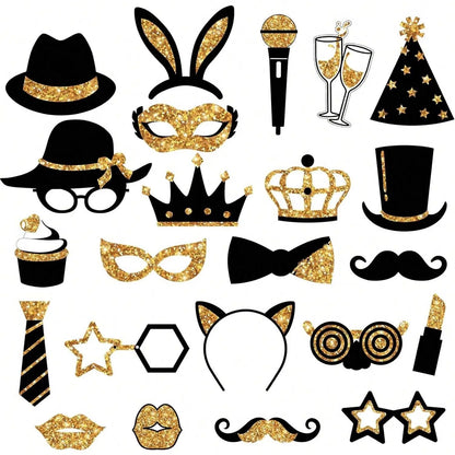 24 Pieces Party Photo Booth Props For Birthday Weddings Graduation Prom Party Supplies Mix Of Hats, Lipstick, Tie, Crowns Golden,Christmas
