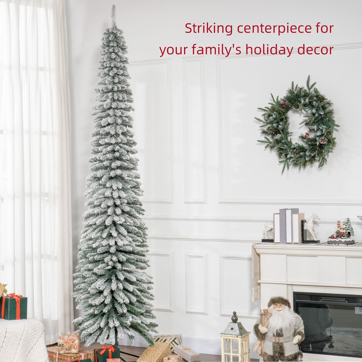 9ft Snow-Flocked Artificial Christmas Tree, Slim Pencil Xmas Tree With 714 Realistic Branches, Metal Base, Green