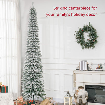 9ft Snow-Flocked Artificial Christmas Tree, Slim Pencil Xmas Tree With 714 Realistic Branches, Metal Base, Green