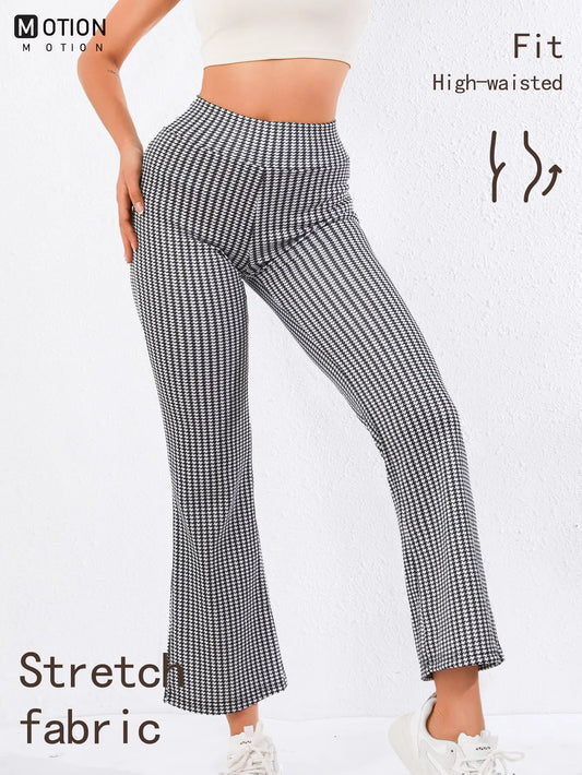 High-Waisted Houndstooth Flare Trousers Sleek Fit, Comfy Stretch, Classy Look