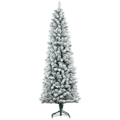 7ft Pencil Christmas Tree, Flocked Tree With 687 Branch Tips And Metal Base For Home, Indoor, Holiday