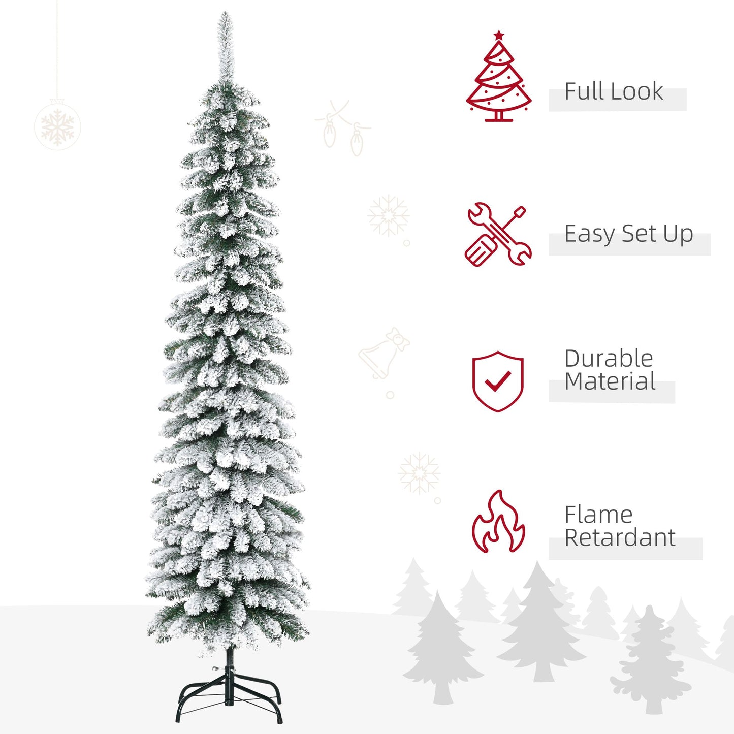 6 Ft Snow-Flocked Artificial Christmas Tree, Slim Pencil Xmas Tree With Realistic Branches, Metal Base, Green