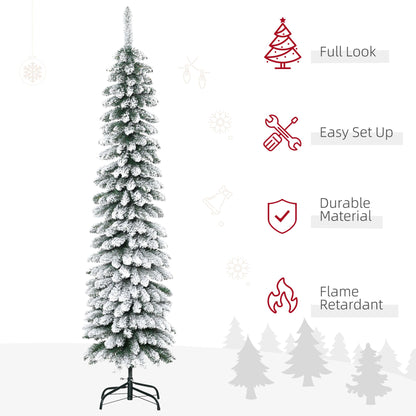 6 Ft Snow-Flocked Artificial Christmas Tree, Slim Pencil Xmas Tree With Realistic Branches, Metal Base, Green