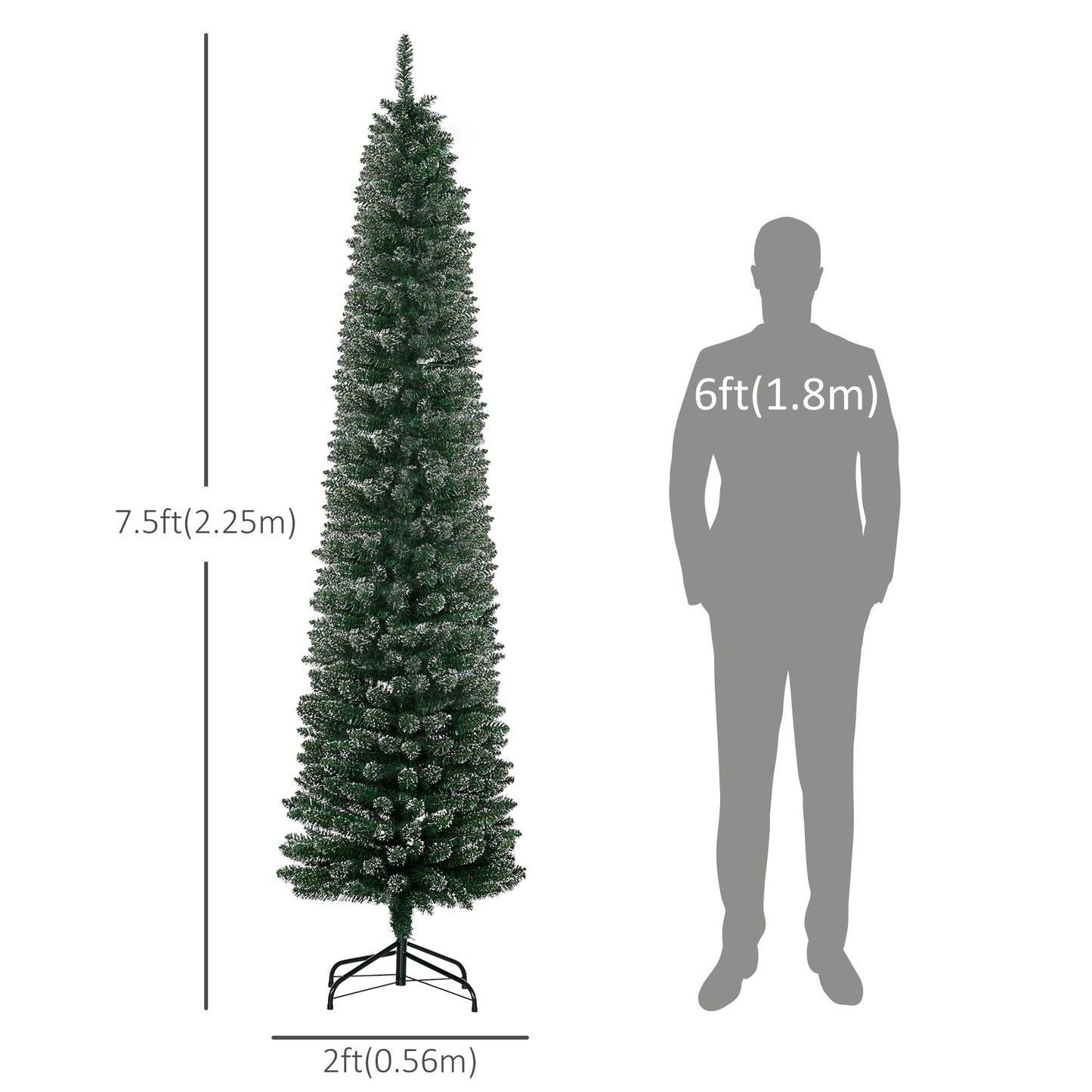 7.5FT Artificial Snow Dipped Christmas Tree Xmas Pencil Tree Holiday Home Indoor Decoration With Foldable Black Stand, Green