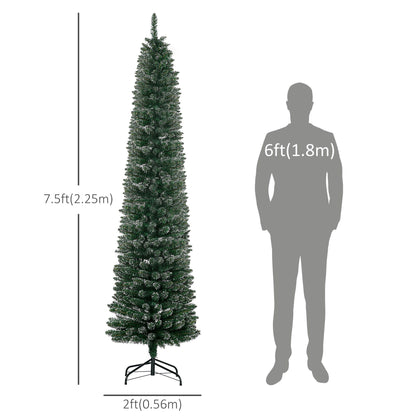 7.5FT Artificial Snow Dipped Christmas Tree Xmas Pencil Tree Holiday Home Indoor Decoration With Foldable Black Stand, Green