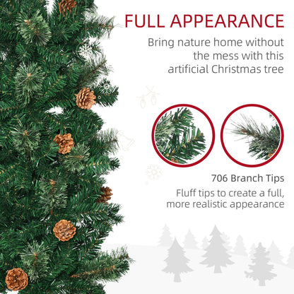 7.5ft Pencil Christmas Tree, Artificial Christmas With Pine Needles, Realistic Branches, Pine Cones, Metal Base, Green