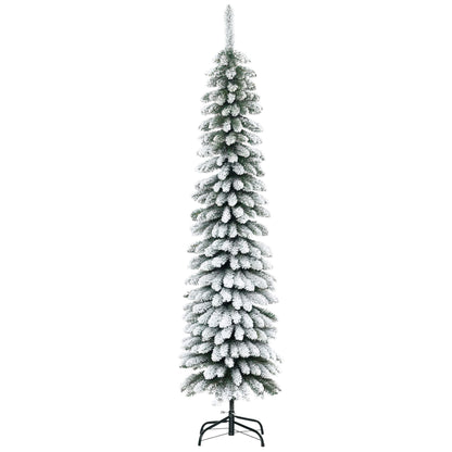 6 Ft Snow-Flocked Artificial Christmas Tree, Slim Pencil Xmas Tree With Realistic Branches, Metal Base, Green