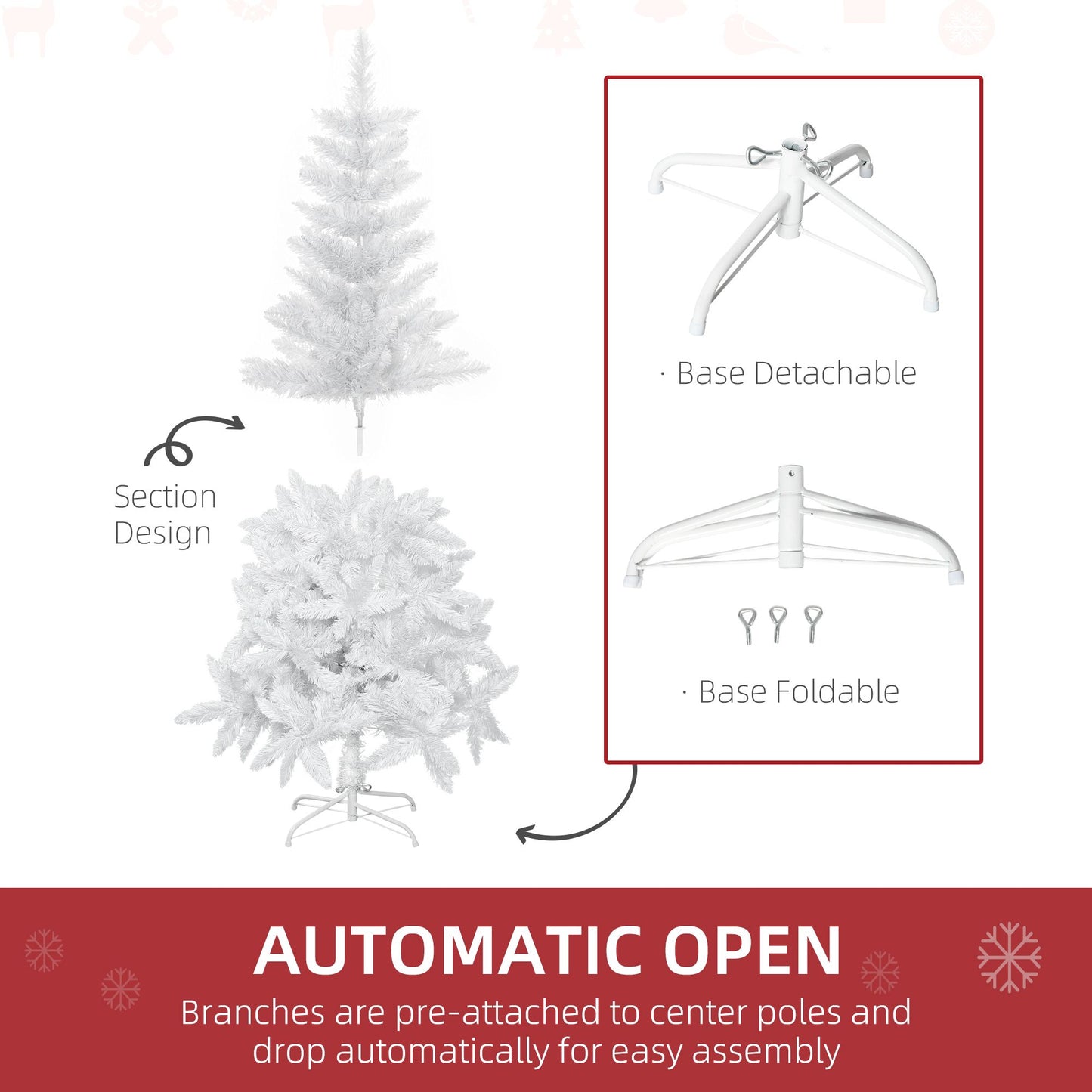 5ft Artificial Christmas Tree With Pine Realistic Branches, Auto Open, For Indoor Decoration, White