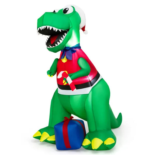 6FT Inflatable Christmas Dinosaur: Santa Hat/Vest + Gift Boxes, Bright LED Lights, Waterproof Polyester, 2 Ropes + 4 Stakes, 10ft Cord, 1.8lbs