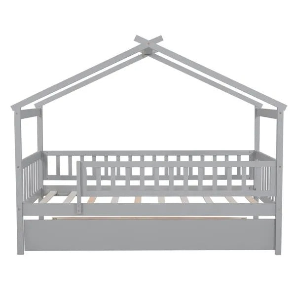 Twin Size Wooden House Bed With Twin Size Trundle