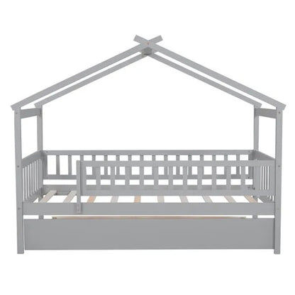 Twin Size Wooden House Bed With Twin Size Trundle