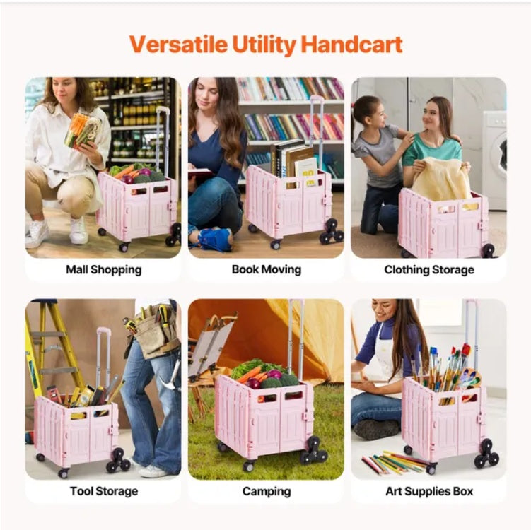 Foldable Cart With Stair Climbing Wheels Collapsible Rolling Crate 65L