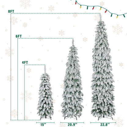 No Provide Self Pick-up.8FT, 6FT, 4FT Pre-Lit Pencil Christmas Trees, 3-set Slim Artificial Christmas Tree With Snow Flocking, Xmas Holiday Decoration Tree, 1455 Branch Tips, 520 LED Lights, 11 Lighti