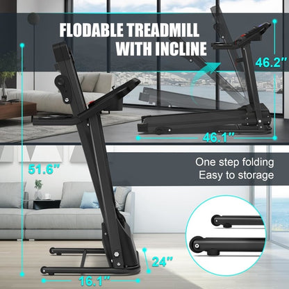 Compact Folding Treadmill For Home - 2.5HP Quiet Brushless Motor, 3-Level Incline