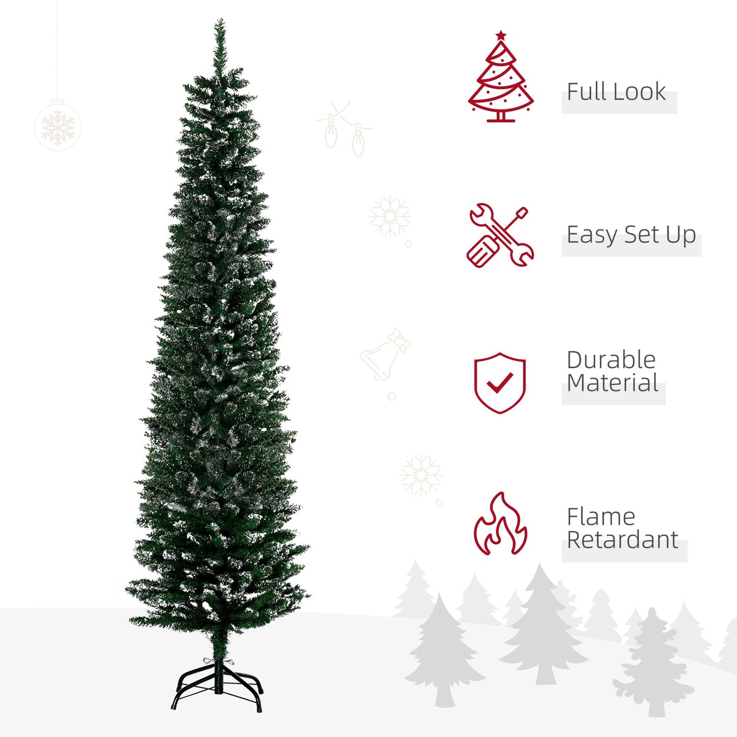 6FT Artificial Snow Dipped Christmas Tree Xmas Pencil Tree Holiday Home Indoor Decoration With Foldable Black Stand, Green