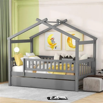 Twin Size Wooden House Bed With Twin Size Trundle