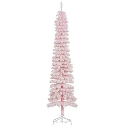 7ft Snow-Flocked Artificial Christmas Tree, Slim Pencil Xmas Tree With 490 Realistic Branches, Metal Base