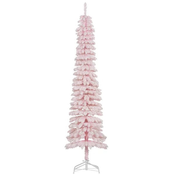 7ft Snow-Flocked Artificial Christmas Tree, Slim Pencil Xmas Tree With 490 Realistic Branches, Metal Base
