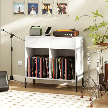 Record Player Storage Stand - Customizable Vinyl Compartments, Built-in Charging Station, Metal Legs & Floor-Protecting Pads