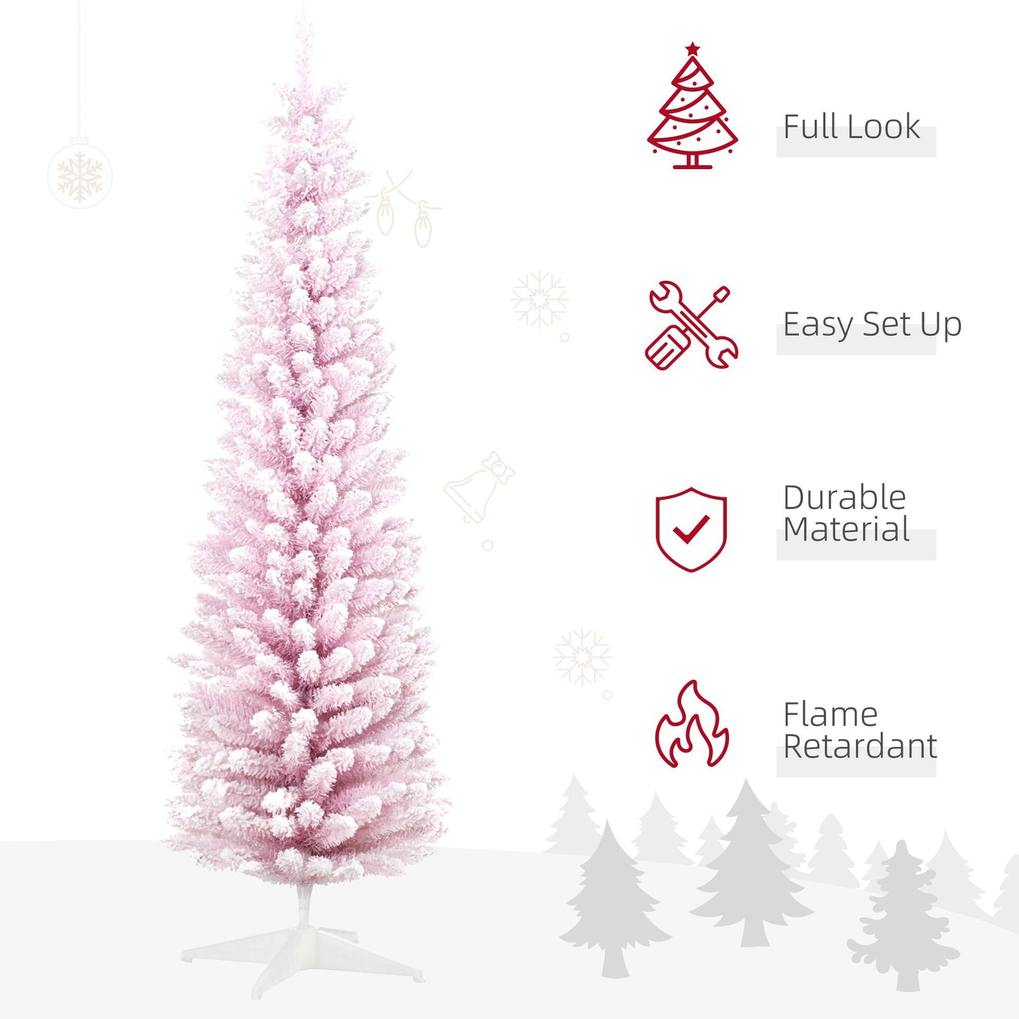 7ft Flocked Christmas Tree, Pencil Artificial Christmas Tree With Realistic Branches