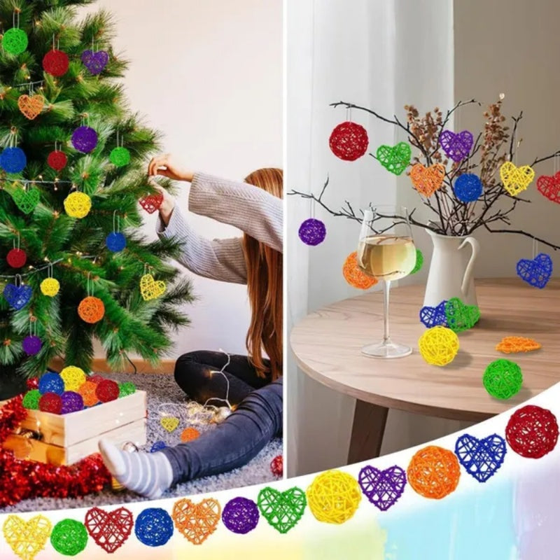 48Pcs Colorful Wicker Rattan Balls Round Heart Shaped Rattan Balls Rainbow Vase Bowl Fillers Aromatherapy Decorative Ball