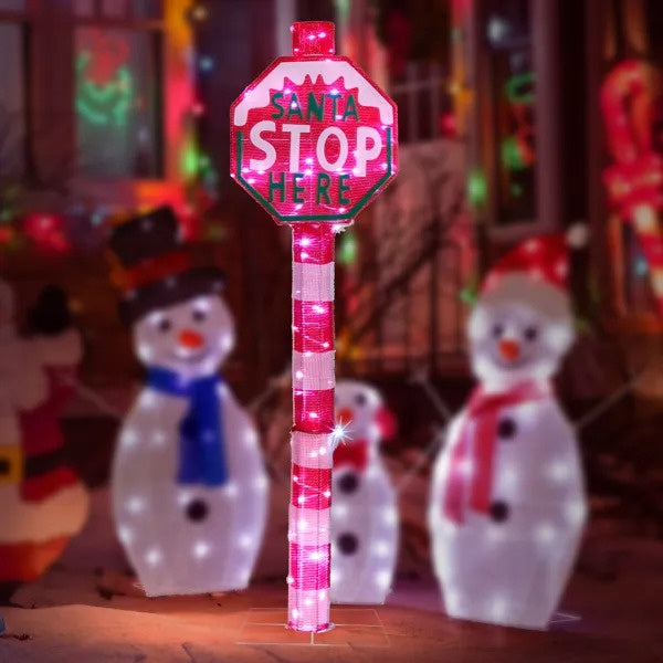 Lighted STOP Sign Christmas Yard Decorations, Pre-lit Road Sign SANTA STOP HERE With 70 LED White Lights And Stakes For Xmas Outdoor Holiday Indoor Decor Lighted Holiday Displays