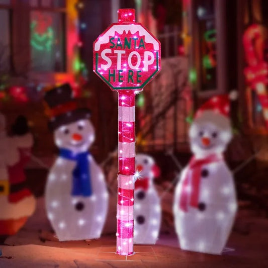 Lighted STOP Sign Christmas Yard Decorations, Pre-lit Road Sign SANTA STOP HERE With 70 LED White Lights And Stakes For Xmas Outdoor Holiday Indoor Decor Lighted Holiday Displays