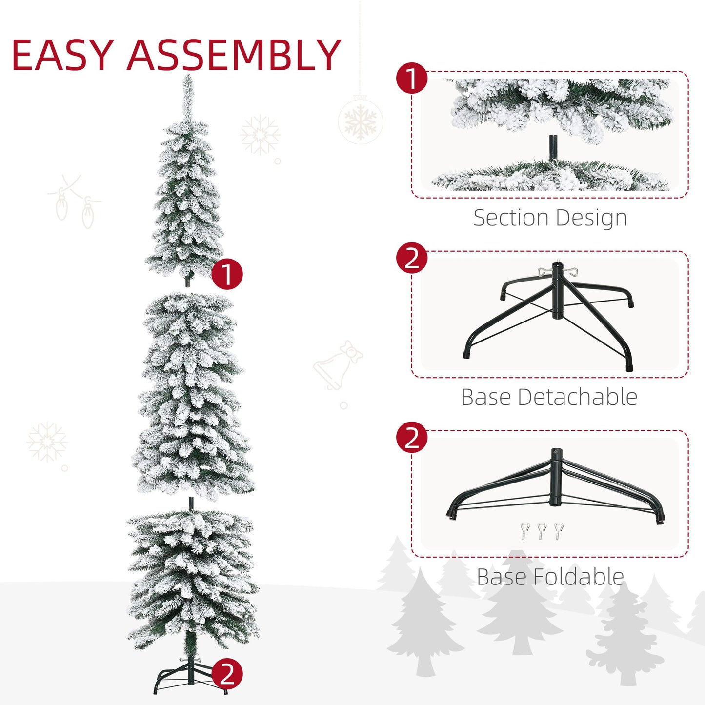 7ft Snow-Flocked Artificial Christmas Tree, Slim Pencil Xmas Tree With 490 Realistic Branches, Metal Base, Green