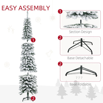 7ft Snow-Flocked Artificial Christmas Tree, Slim Pencil Xmas Tree With 490 Realistic Branches, Metal Base, Green