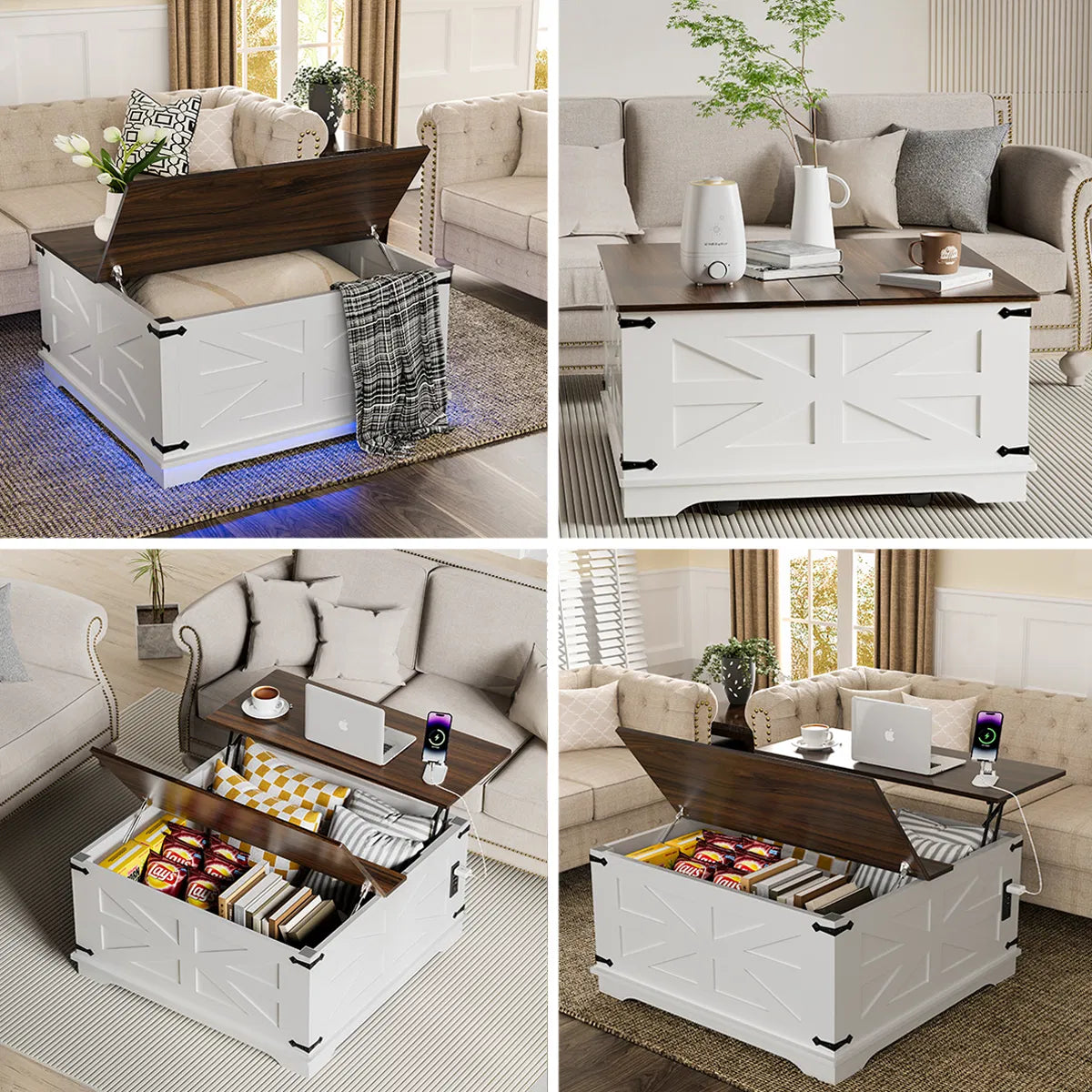 Farmhouse Coffee Table With Lift-Top, USB Charging Station & Hidden Storage - Sturdy Wooden Base