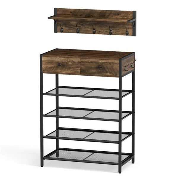Multifunctional Entryway Storage - 5-Hook Coat Rack  2-Drawer Shoe Stand With 4 Mesh Shelves