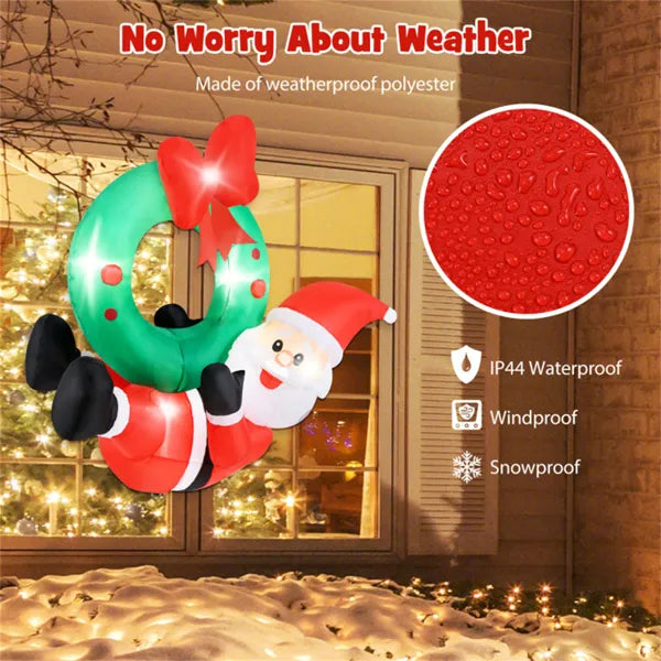 4ft Inflatable Santa Wreath Christmas Decor: 5 LED Lights (3 On Wreath/2 On Santa), IP44 Waterproof Polyester, 2 Hanging Ropes
