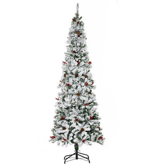 7.5 Foot Pencil Snow Flocked Artificial Christmas Tree With 950 Pine Realistic Branches, Pine Cones, Red Berries, Auto Open, Green