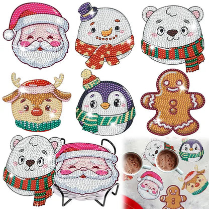 6 Packs Christmas Rhinestones Art Coasters With Holder Snowman Gingerbread Man Penguin Santa Claus Pattern Gift Non Slip Acrylic Cup Coaster 5D DIY Full Drill Rhinestones Dots Art