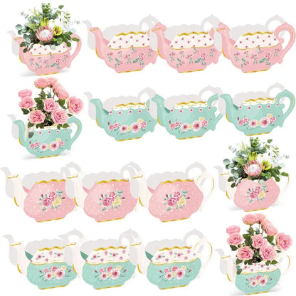 24 Pieces Tea Party Decorations Flower Boxes Spring Theme Princess Party Centerpiece Decorations 4 Style Cute Teapot Shape DIY Flower Box For Birthday Mother's Day Wedding Shower Party Table Decor