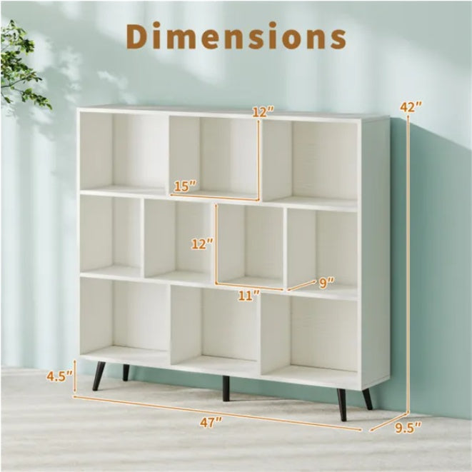 10 Cube Bookcase 3-Tier Modern Storage Organizer With 5 Metal Legs Bookshelves