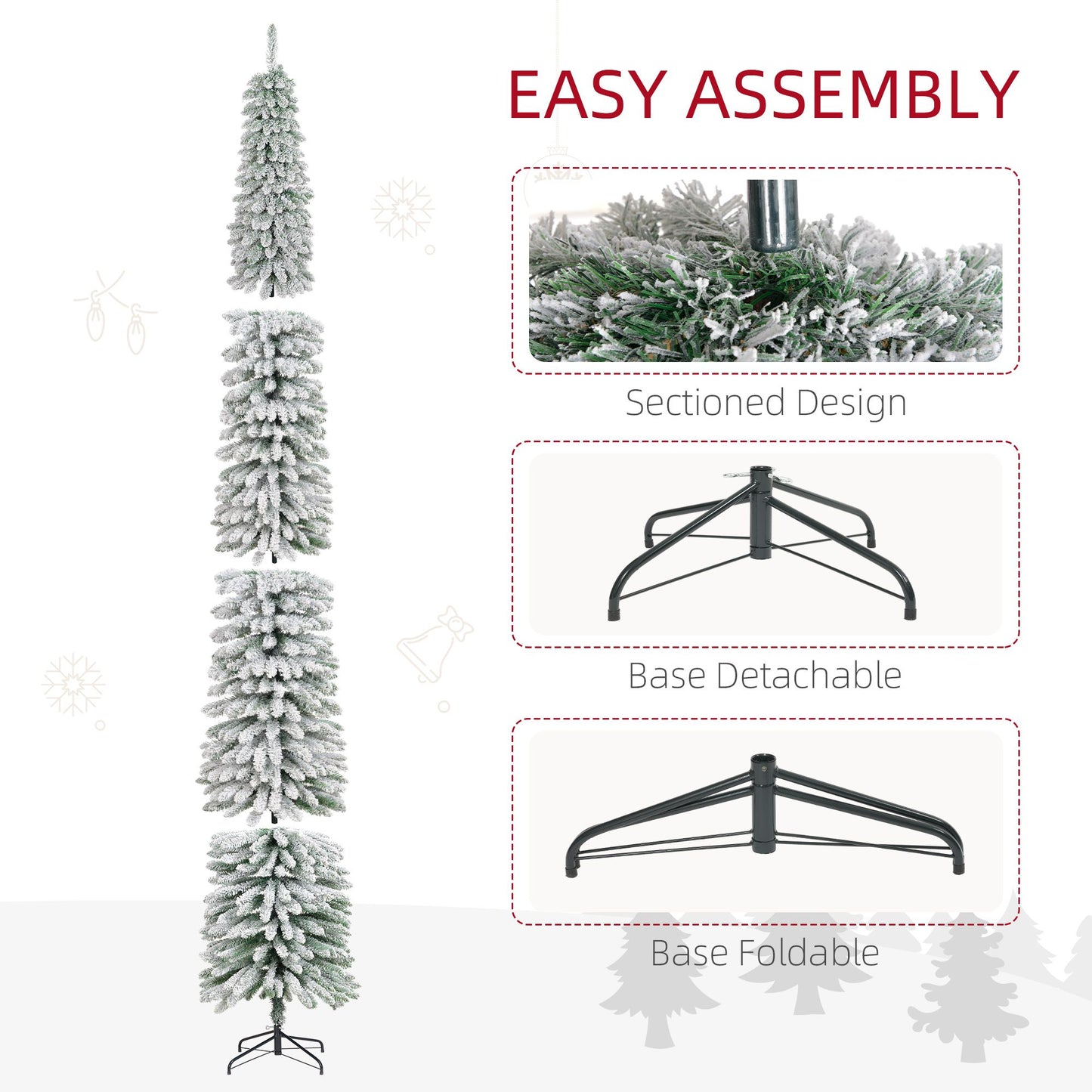9ft Snow-Flocked Artificial Christmas Tree, Slim Pencil Xmas Tree With 714 Realistic Branches, Metal Base, Green