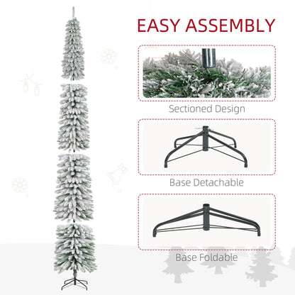 9ft Snow-Flocked Artificial Christmas Tree, Slim Pencil Xmas Tree With 714 Realistic Branches, Metal Base, Green