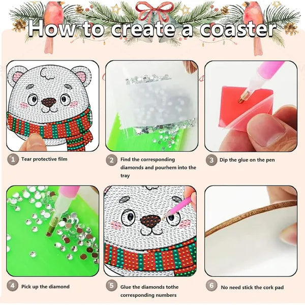 6 Packs Christmas Rhinestones Art Coasters With Holder Snowman Gingerbread Man Penguin Santa Claus Pattern Gift Non Slip Acrylic Cup Coaster 5D DIY Full Drill Rhinestones Dots Art