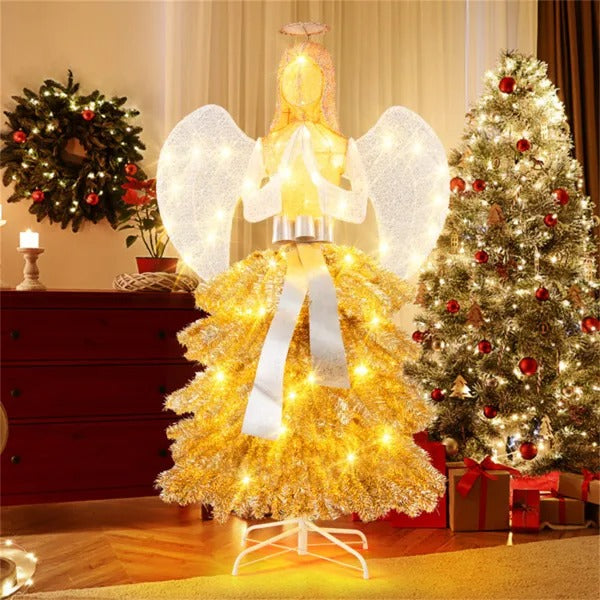 5.2ft Pre-Lit Angel Christmas Tree - 150 Warm White LEDs, Golden White Design With Angel Figure   Shimmering Leaves