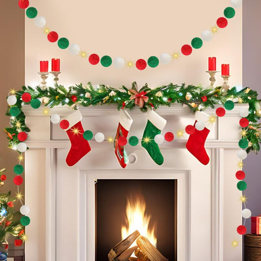9.84 Ft Felt Ball Garland With Warm Light String Christmas Pom Pom Garland Red Green White 1 Inch Pompoms DIY Unique Hanging Bunting Banner For Xmas Tree Fireplace Wall Home Decor