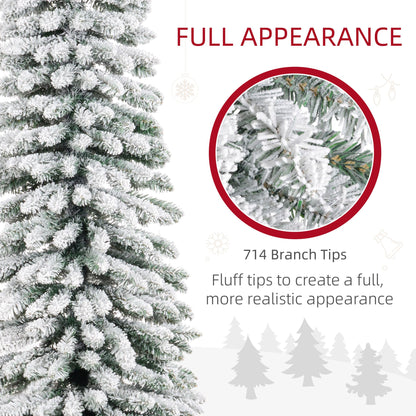 9ft Snow-Flocked Artificial Christmas Tree, Slim Pencil Xmas Tree With 714 Realistic Branches, Metal Base, Green