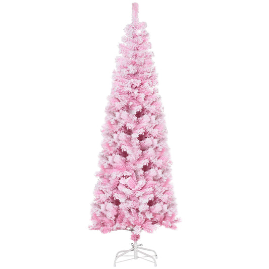 6 FT Snow Flocked Artificial Christmas Tree, Pencil Xmas Tree With Realistic Branches, Auto Open And Steel Base, Pink