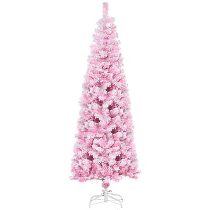 6 FT Snow Flocked Artificial Christmas Tree, Pencil Xmas Tree With Realistic Branches, Auto Open And Steel Base, Pink