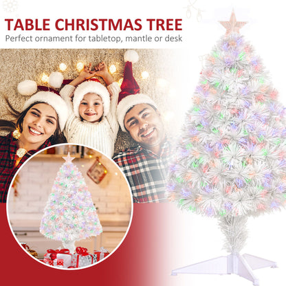2.5FT Prelit Artificial Tabletop Christmas Tree With Fibre Optics Holiday Home Xmas Decoration For Table And Desk White