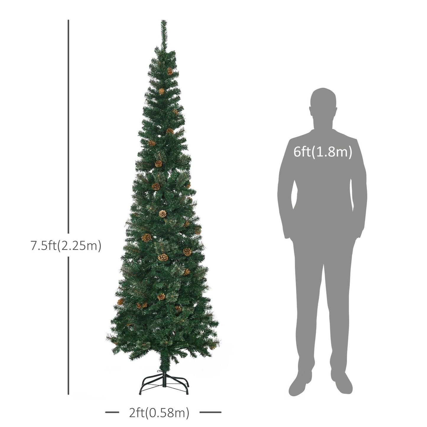 7.5ft Pencil Christmas Tree, Artificial Christmas With Pine Needles, Realistic Branches, Pine Cones, Metal Base, Green