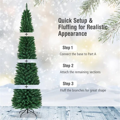 8ft Slim Pencil Christmas Tree - Space-Saving Design For Small Corners, 1000 Realistic PVC Branches With Flocked Finish